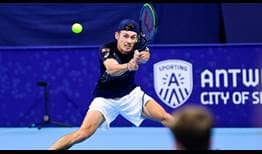 Eighth seed Alex de Minaur works hard to make a breakthrough on Saturday against fourth seed Grigor Dimitrov in Antwerp.