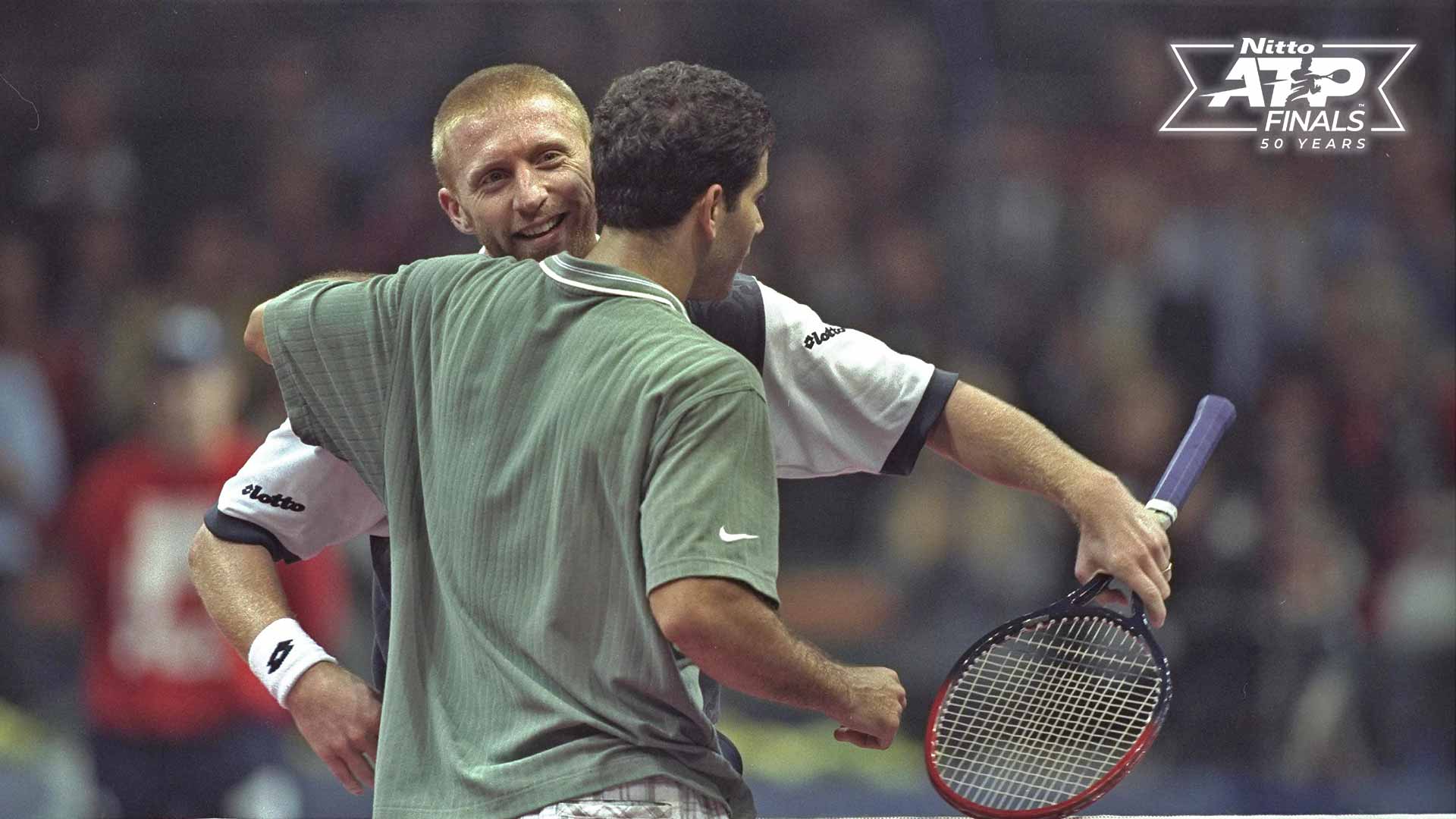 Pete Sampras and Boris Becker embrace after their epic five-set final in 1996 in Hanover.