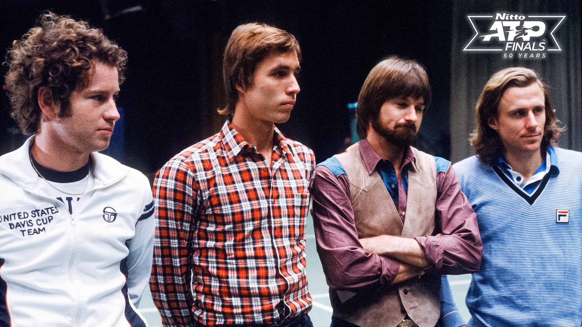 John McEnroe, Ivan Lendl, Jimmy Connors and Bjorn Borg spend time together during the 1980 Volvo Masters at Madison Square Garden.