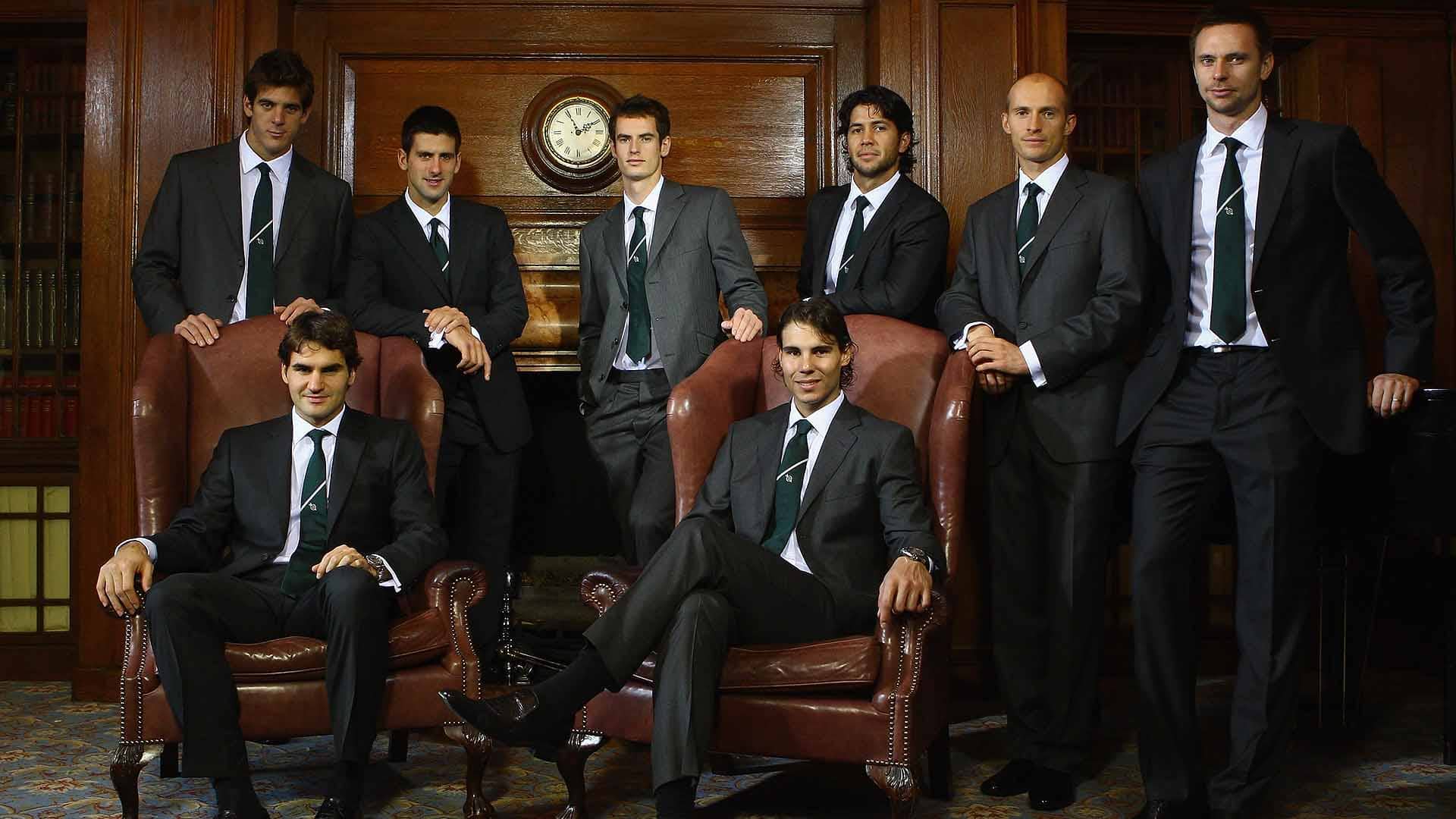 Federer, Nadal (both seated, Del Potro, Djokovic, Murray, Verdasco, Davydenko, Soderling