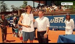 Juan Martin del Potro celebrates his maiden ATP Challenger Tour title in Montevideo, Uruguay, in 2005.