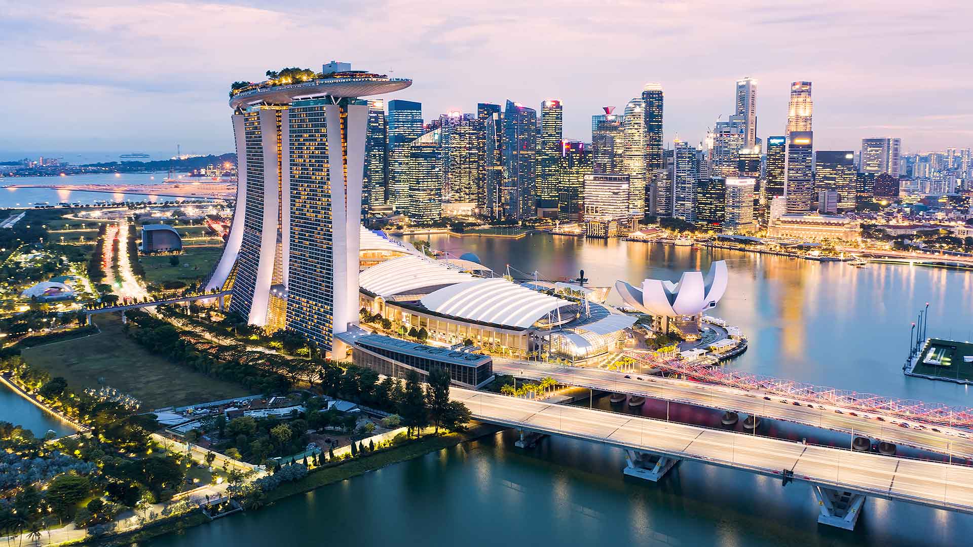 A view of the Singapore skyline, with the financial district in the distance.