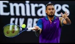 Nick Kyrgios saves two set points against Harry Bourchier on Wednesday at the Murray River Open.