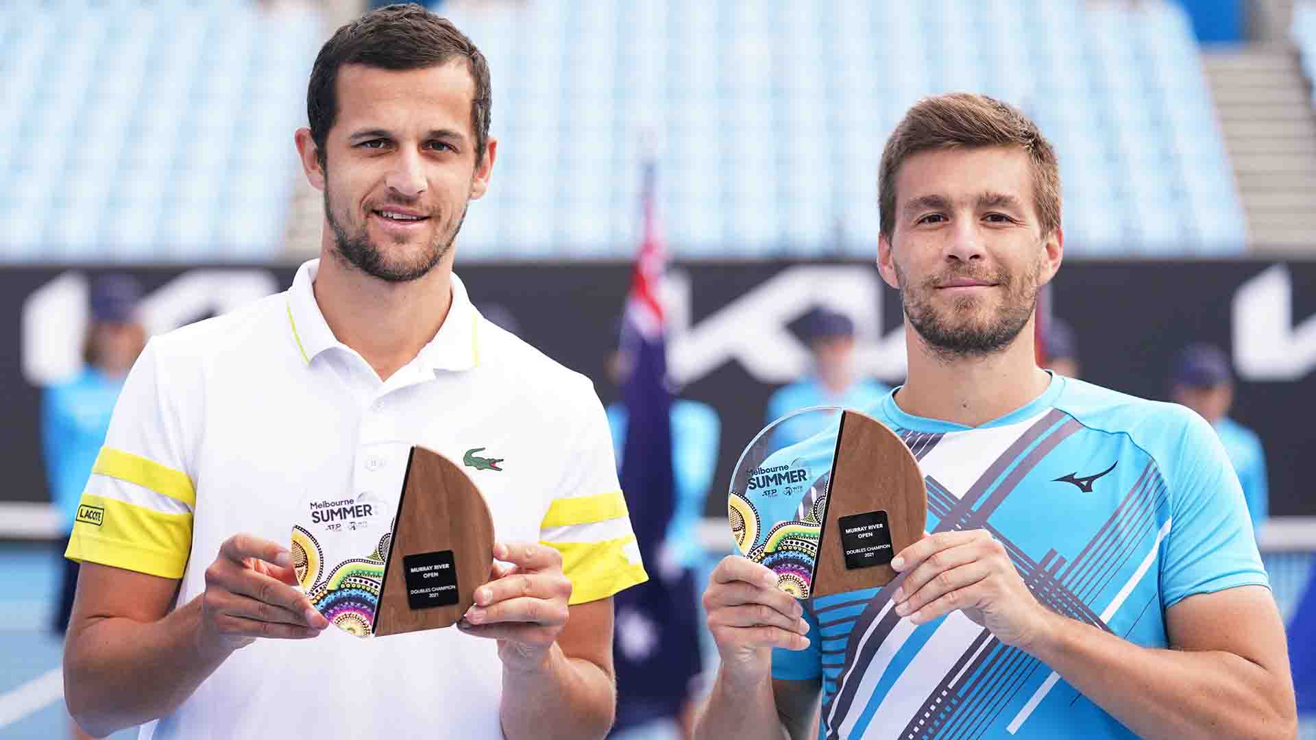 Nikola Mektic (right) and Mate Pavic (left) survived three Match Tie-breaks en route to the Murray River Open title.
