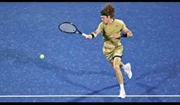Andrey Rublev saves all six break points he faces to beat Taylor Fritz in 64 minutes on Wednesday in Dubai.
