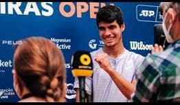Carlos Alcaraz celebrates his fourth ATP Challenger title in Oeiras.