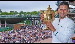 Novak Djokovic celebrates after winning his sixth Wimbledon title.