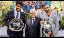 Matteo Berrettini with Sergio Mattarella, the Italian President, and Italian football captain Giorgio Chiellini in Rome on Monday.