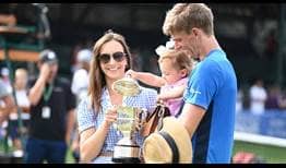 Kevin Anderson celebrates his first title since Pune in 2019 in Newport with wife Kelsey and daughter Keira.