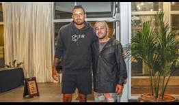 Nick Kyrgios meets Fall Out Boy bassist Pete Wentz during a break in play at the Truist Atlanta Open.
