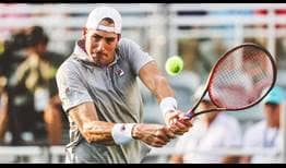 John Isner earns the only service break of his match against Jack Sock to advance to the quarter-finals in Atlanta.