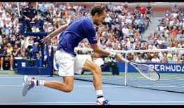 Daniil Medvedev approaches the net during the US Open final on Sunday against Novak Djokovic.