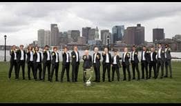Team Europe and Team World gather in front of the Boston skyline at LoPresti Park on Wednesday ahead of the Laver Cup.