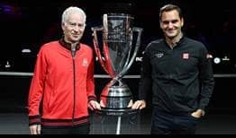 John McEnroe and Roger Federer pictured with the Laver Cup trophy in Boston ahead of the fourth edition of the event. 