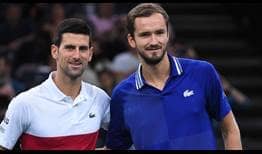 Novak Djokovic and Daniil Medvedev pose for photos ahead of their 10th ATP Head2Head meeting in the Paris final.