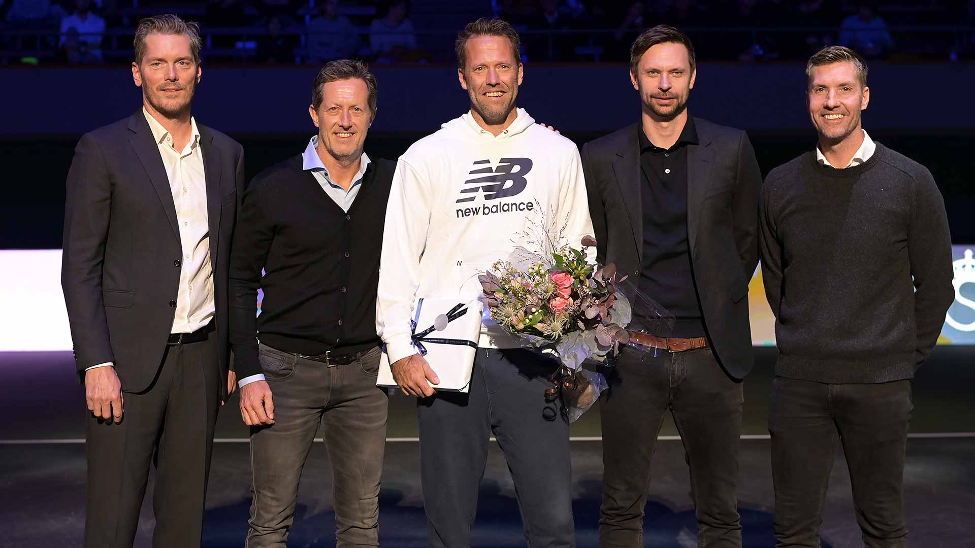 Thomas Enqvist, Jonas Bjorkman, Robert Lindstedt, Robin Soderling and Simon Aspelin pose during Lindstedt's retirement ceremony in Stockholm.