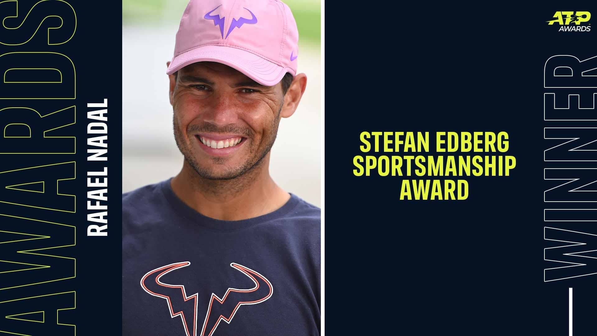 Rafael Nadal wins the Stefan Edberg Sportsmanship Award for the fifth time in the ATP Awards.