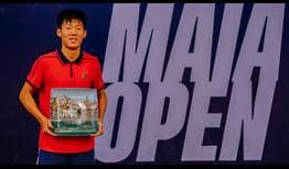 Chun-hsin Tseng celebrates his maiden ATP Challenger title in Maia, Portugal.