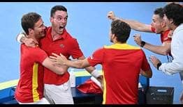 Roberto Bautista Agut celebrates with his countrymen after battling past Hubert Hurkacz in a final-set tie-break Friday evening in Sydney.