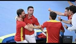 El Team Spain celebra el pase a la final de la ATP Cup tras la victoria de Roberto Bautista Agut sobre Hubert Hurkacz.