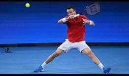 Roberto Bautista Agut hits a forehand against Canada in the ATP Cup final Sunday.