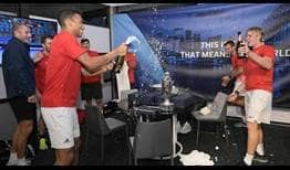Felix Auger-Aliassime and Denis Shapovalov lead the celebrations for Canada on Sunday in Sydney.