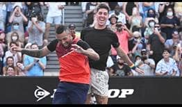 Nick Kyrgios and Thanasi Kokkinakis celebrate their passage to the Australian Open quarter-finals.