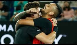 Thanasi Kokkinakis and Nick Kyrgios celebrate their Australian Open title after defeating Matthew Ebden and Max Purcell in the final.