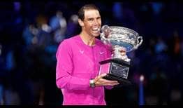 Rafael Nadal celebrates winning his 21st Grand Slam trophy on Sunday in Melbourne.