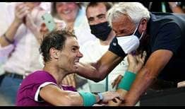 Rafael Nadal celebrates his Australian Open victory with his father, Sebastian Nadal.