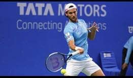 Joao Sousa in action during the Pune final on Sunday. 