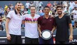 Jamie Murray, Bruno Soares and Orlando Luz (far right) celebrate the career of Rogerio Dutra Silva (middle right) following the Brazilian's final match on Wednesday.