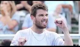 Cameron Norrie celebrates clinching the title in Delray Beach on Sunday.