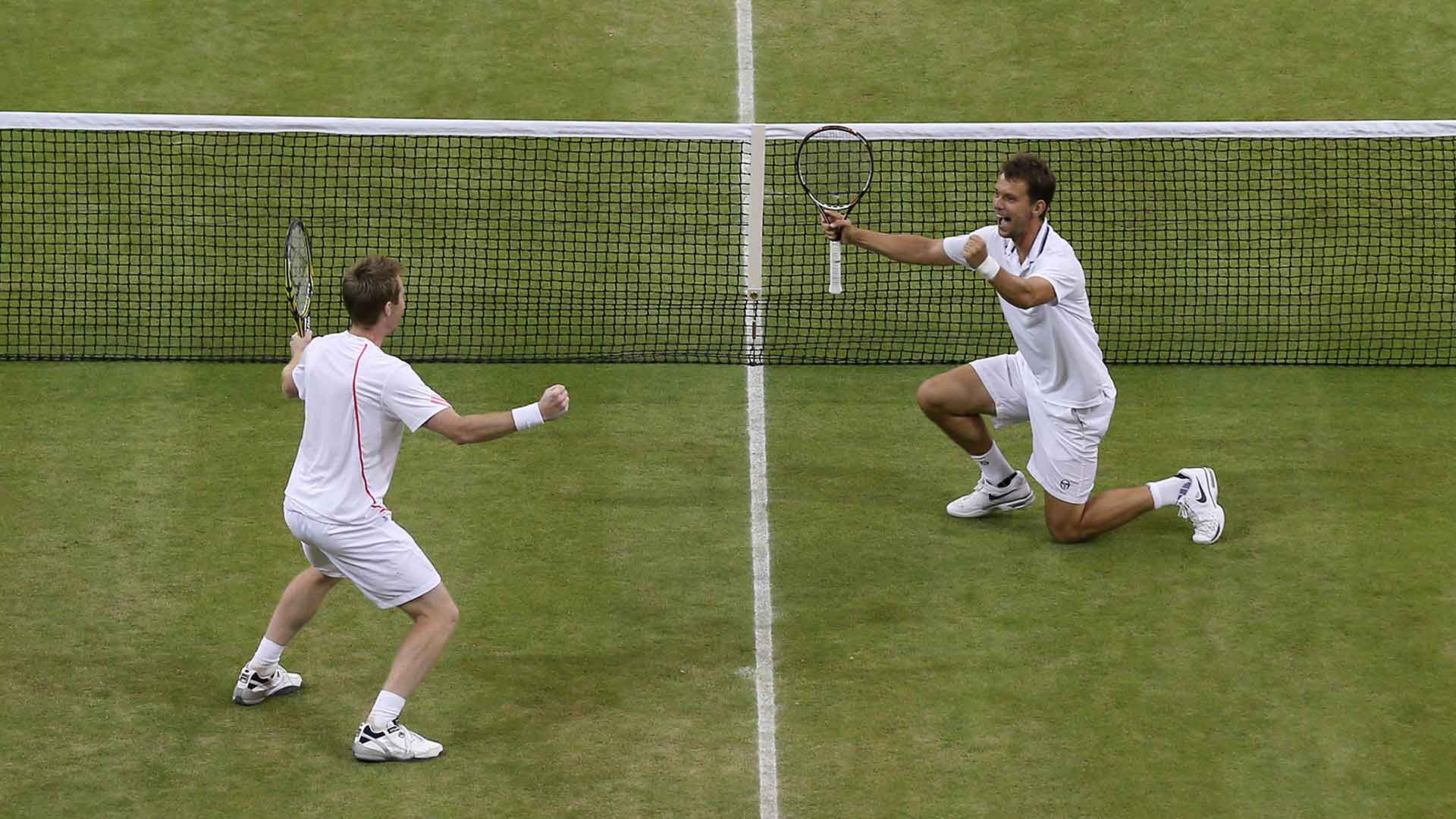 'One big ride of joy': Frederik Nielsen turns to Jonathan Marray after putting away a volley to clinch the 2012 Wimbledon title.