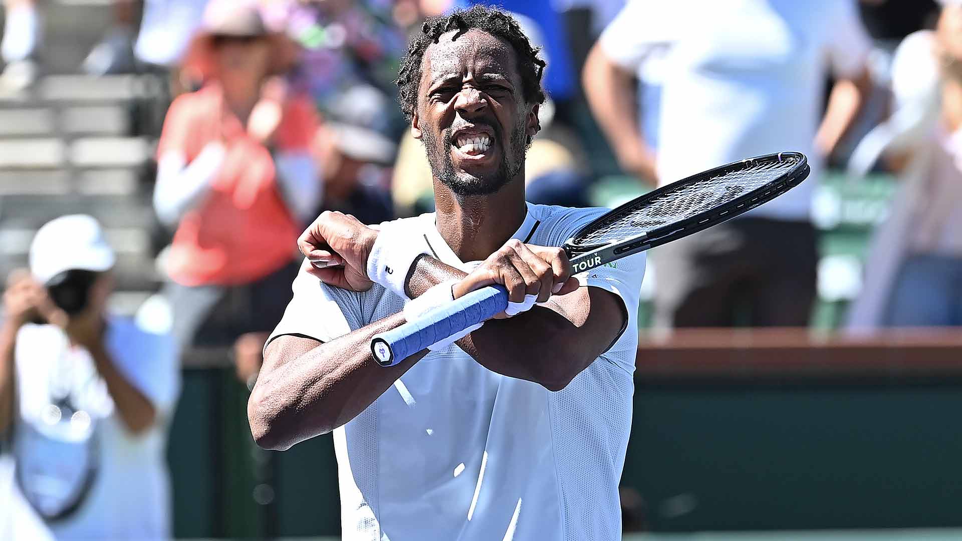 <a href='https://www.atptour.com/en/players/gael-monfils/mc65/overview'>Gael Monfils</a> celebrates his upset win over <a href='https://www.atptour.com/en/players/daniil-medvedev/mm58/overview'>Daniil Medvedev</a>.