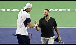 John Isner and Jack Sock celebrate reaching their second BNP Paribas Open championship match together in Indian Wells on Friday.