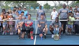 Jessica Pegula, Sania Mirza, Andy Murray and Frances Tiafoe participate in a clinic at the Moore Park Tennis Centre in Miami.