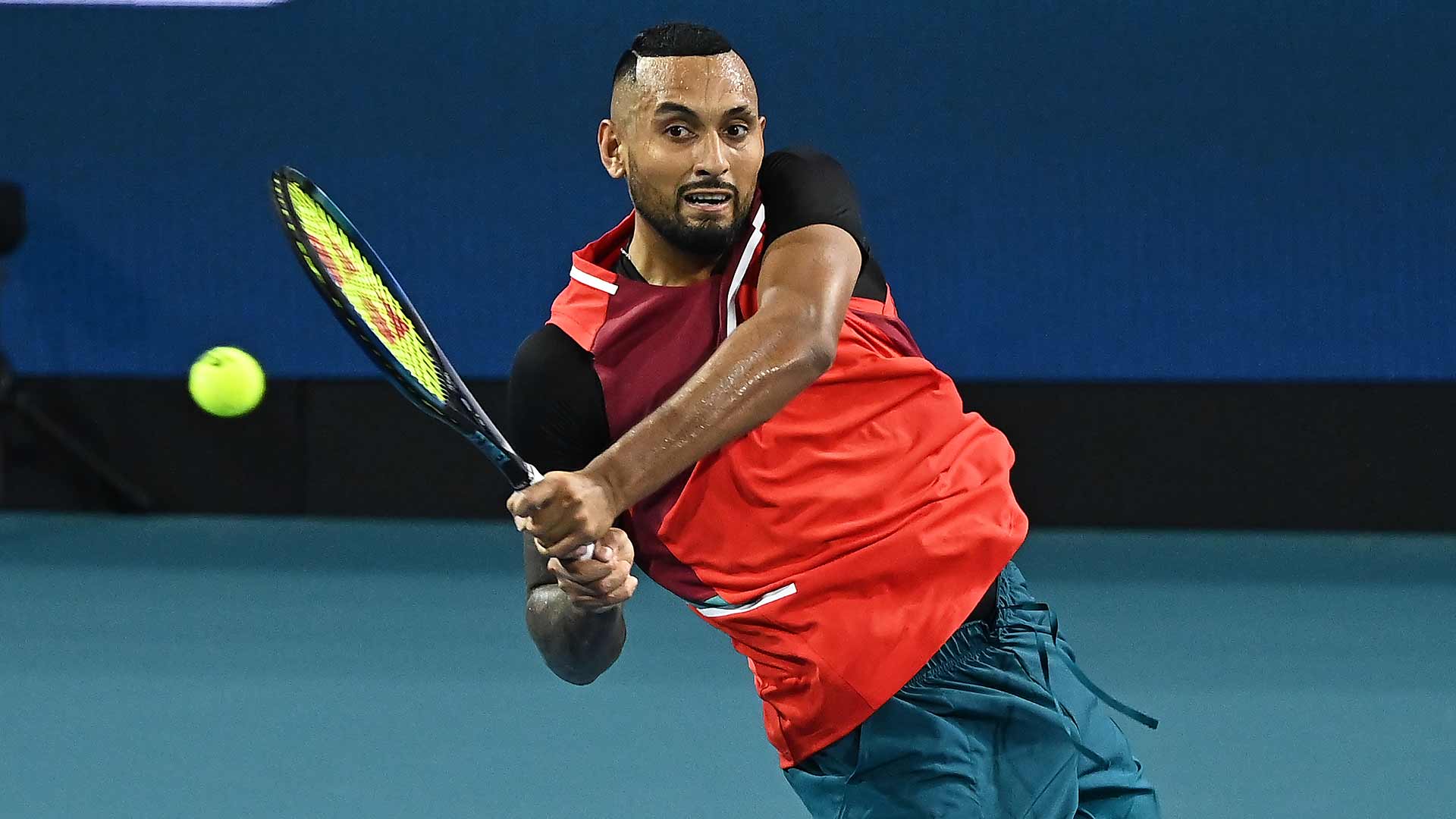 Nick Kyrgios en route to a first-round win over Adrian Mannarino in Miami.