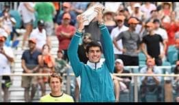 Carlos Alcaraz defeats Casper Ruud in straight sets to earn his first ATP Masters 1000 title on Sunday in Miami.