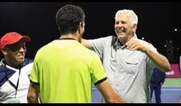 Emilio Gomez celebrates with his father and Salinas tournament director Andres Gomez after claiming his third ATP Challenger title. 