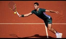 Carlos Alcaraz in action against Alex de Minaur in the semi-finals of the Barcelona Open Banc Sabadell on Sunday.