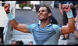Rafael Nadal celebrates his dramatic third-round win over David Goffin at the Mutua Madrid Open on Thursday.