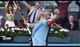 Rafael Nadal saves four match points en route to a final-set tie-break win against David Goffin on Thursday in Madrid.
