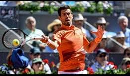 Novak Djokovic in action against Carlos Alcaraz in Madrid on Saturday.