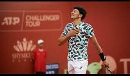 Emilio Nava celebrates his maiden ATP Challenger title in Shymkent, Kazakhstan.