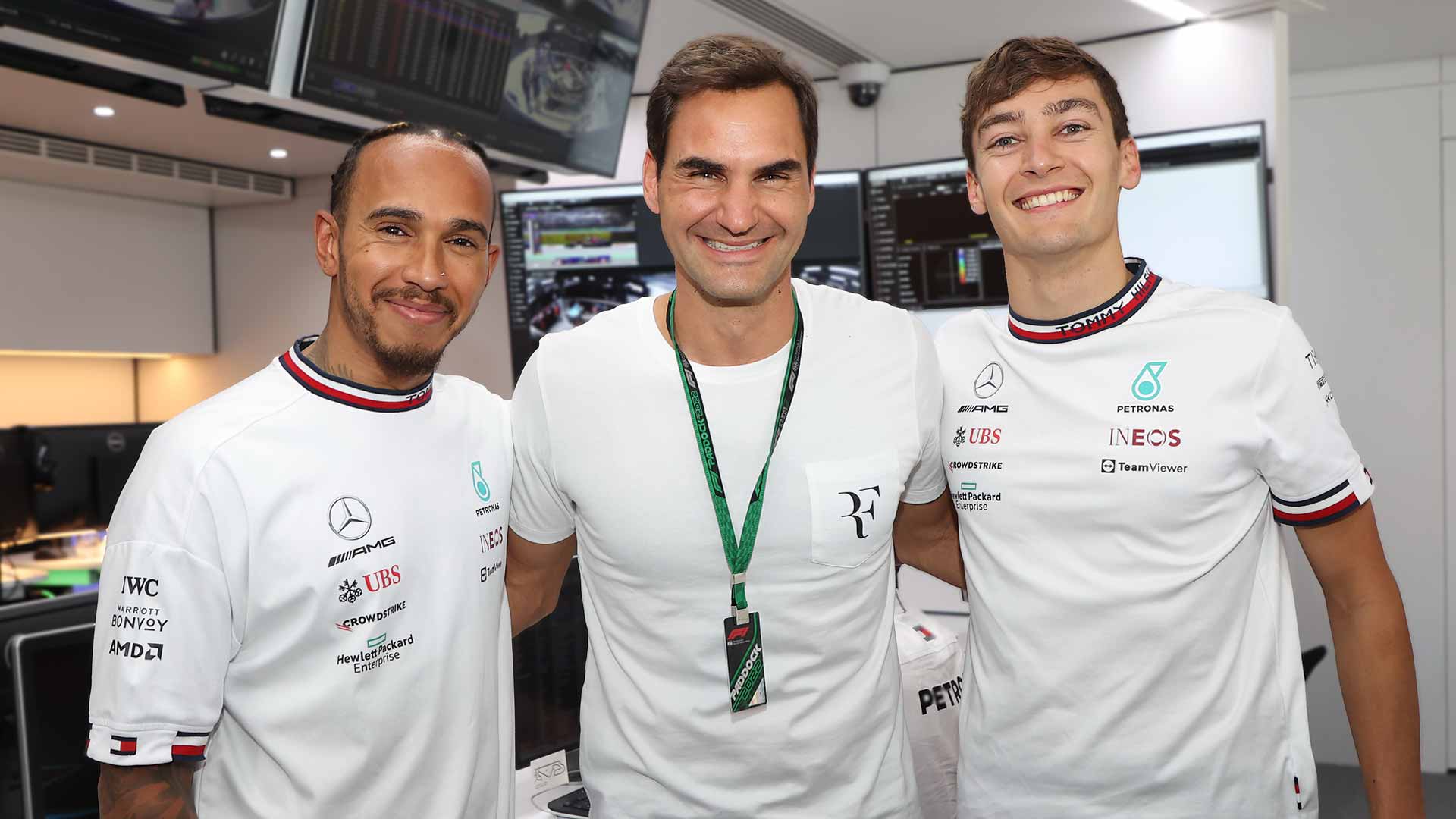 Roger Federer with Lewis Hamilton and George Russell
