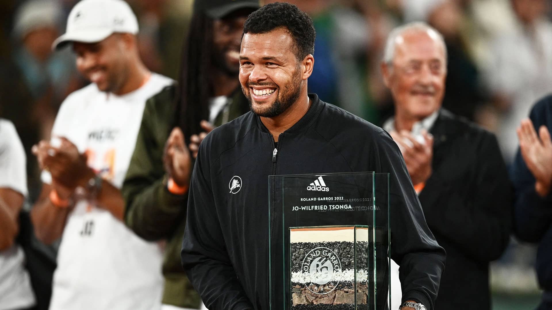 Jo-Wilfried Tsonga took in an on-court ceremony celebrating his career at Roland Garros.