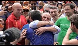 Physio Juanjo Moreno (green shirt) among the celebrations in Miami after Carlos Alcaraz wins his first ATP Masters 1000 title.