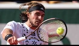 Stefanos Tsitsipas fires a backhand against Mikael Ymer at Roland Garros on Saturday.