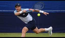 Andy Murray advances to the second round at the Surbiton Trophy on Monday.